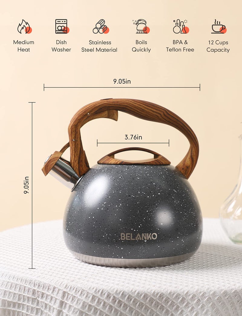 BELANKO 2.7 Quart Tea Kettle for Stovetops - Food Grade Stainless Steel Teapot with Loud Whistle, Cool-Touch Wood Pattern Handle, Rust-Resistant Whistling Kettle - Starry Gray - Image 5
